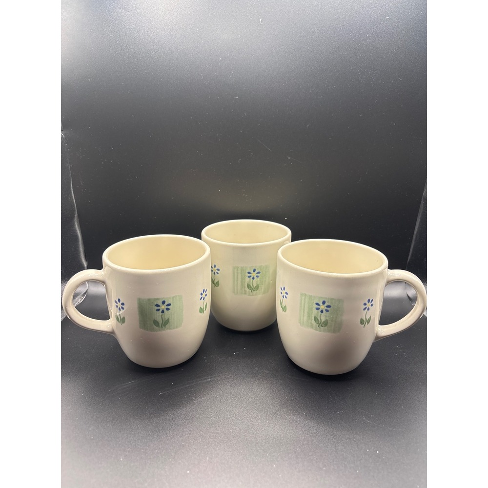 Vintage Pfaltzgraff Tea Rose Coffee Mugs Set of 3 Blue Floral Stoneware Cups